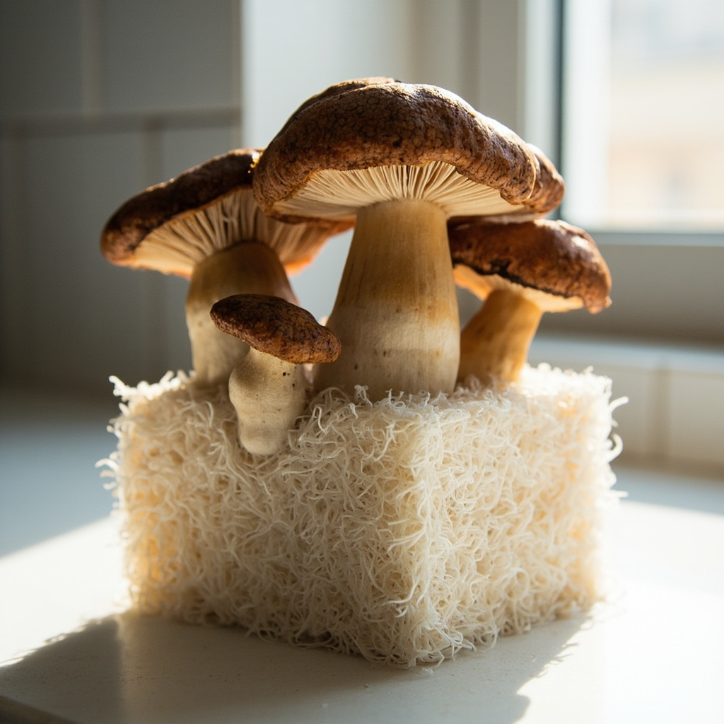 A fully colonized hardwood pellet block with small shiitake pins emerging on a kitchen counter after cold-shock