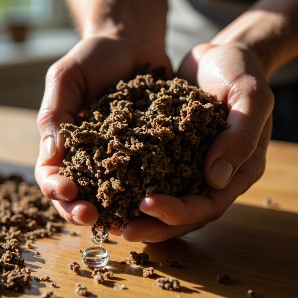 A hand squeezing a handful of hydrated hardwood pellet substrate with a few drops of water emerging