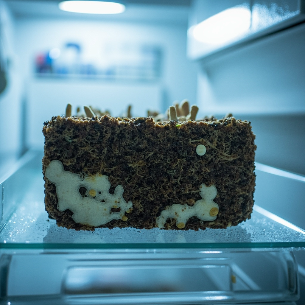 A shiitake kit block sitting on a refrigerator shelf during cold-shock incubation, soft interior fridge light