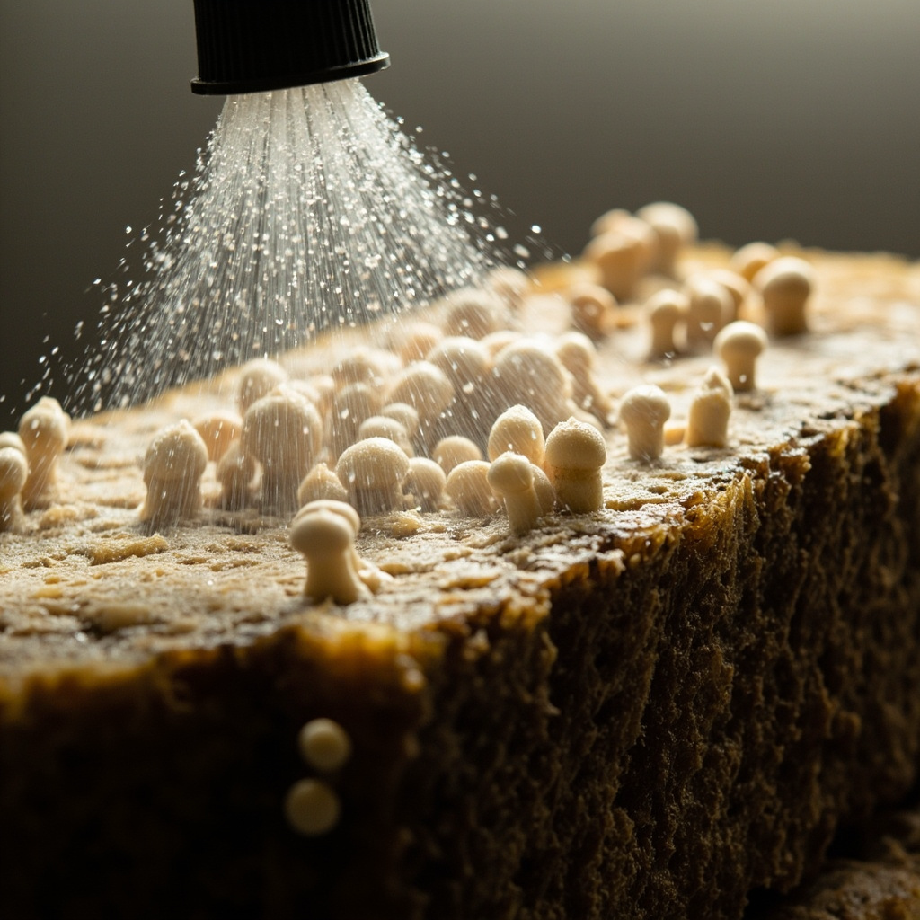 A continuous spray bottle misting the cut face of a kit block with small new pins emerging