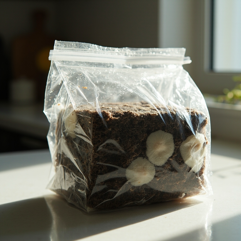 A rehydrated block placed back into its original grow bag, the top folded loosely for humidity, on a kitchen counter