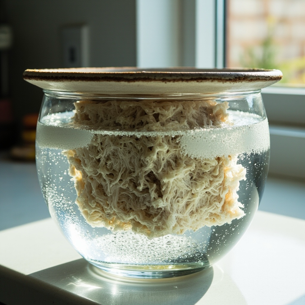 A spent oyster mushroom kit block submerged in a bowl of cold water with a plate weighing it down, on a kitchen counter