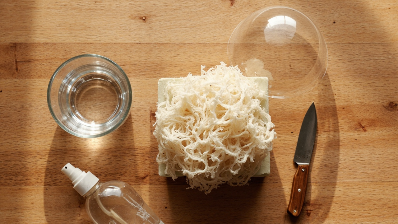 Second-flush supplies: kit block, bowl for soaking, spray bottle, humidity dome, mushroom knife on counter