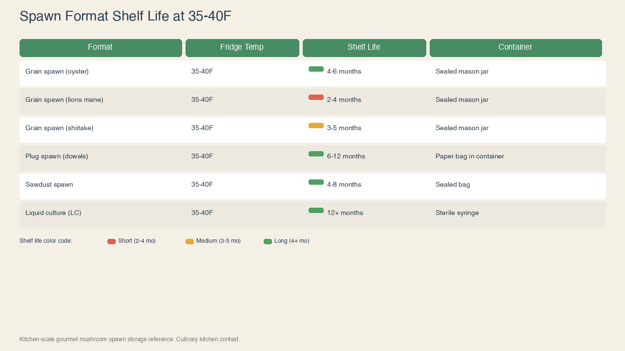 Shelf life comparison table for 6 spawn formats at 35-40F: grain 2-6 mo, plug 6-12 mo, sawdust 4-8 mo, LC 12+ mo