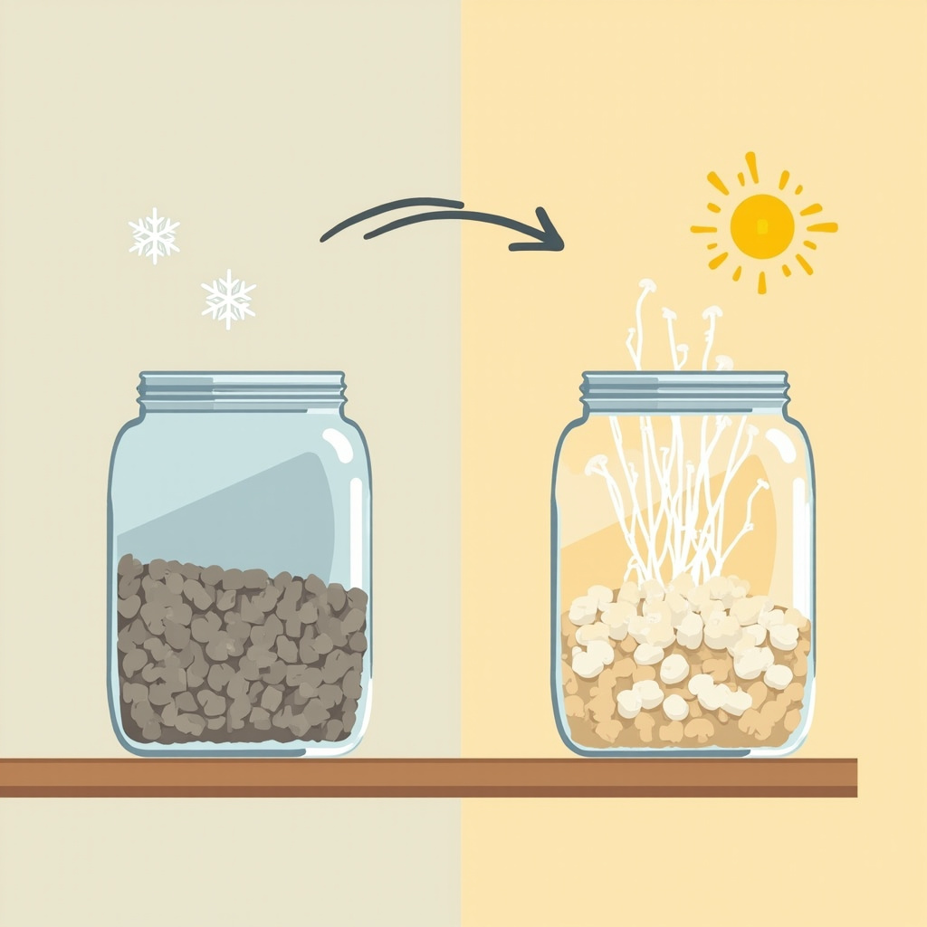 Before and after revival: dormant grey spawn jar left versus active white mycelium jar right with arrow connecting them