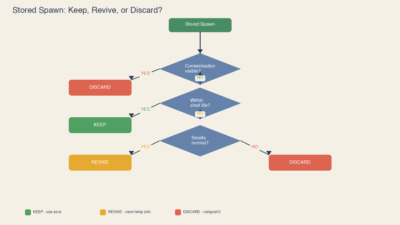 Decision flowchart for stored spawn: contamination leads to discard, shelf life leads to keep, smells normal leads to revive