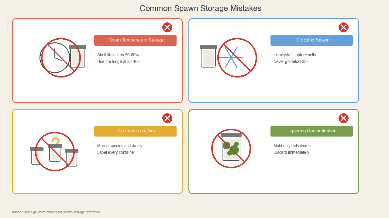 Four spawn storage mistakes: room temperature, freezing, no labels, ignoring contamination with red prohibition icons