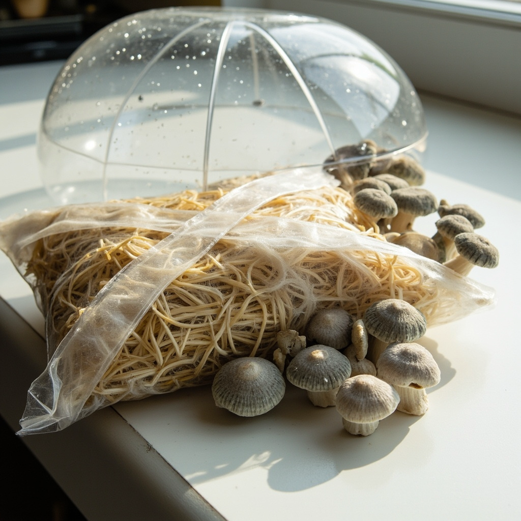 A fully colonized straw bag with small oyster mushroom pins emerging on a kitchen counter with a humidity dome nearby