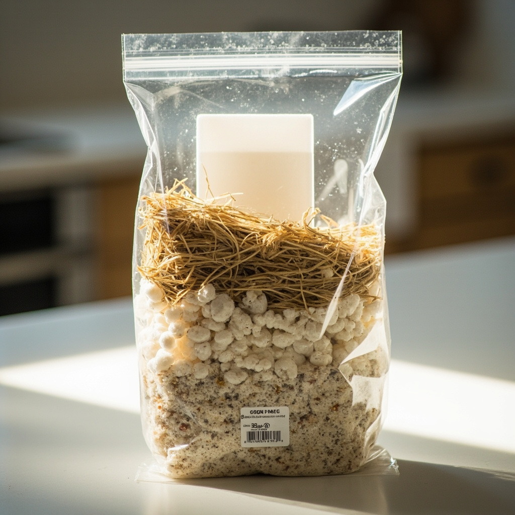 Hands layering pasteurized straw and blue oyster grain spawn into a filter-patch grow bag in alternating layers