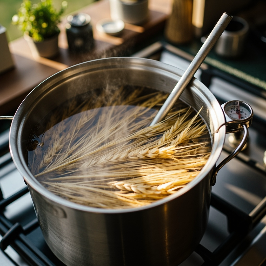 Stock pot on a stove with wheat straw and water inside, thermometer reading 160-180°F