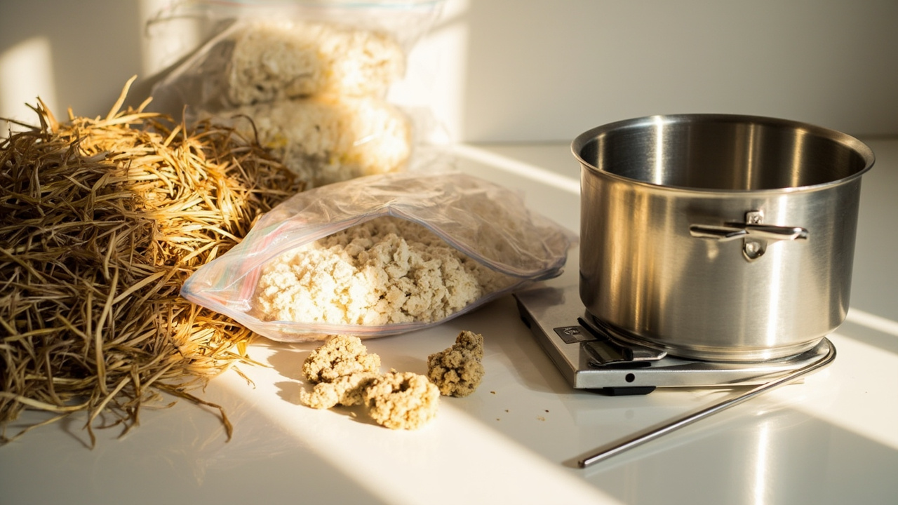 Straw prep tools: wheat straw, oyster grain spawn, filter-patch grow bags, stock pot, kitchen scale, thermometer on counter