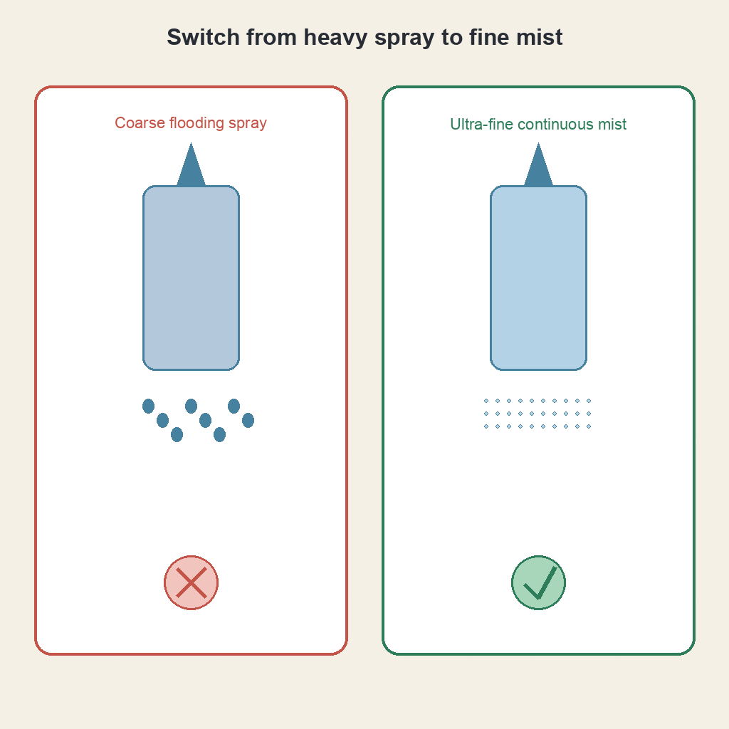 Switch from heavy spray to fine mist for blotch control