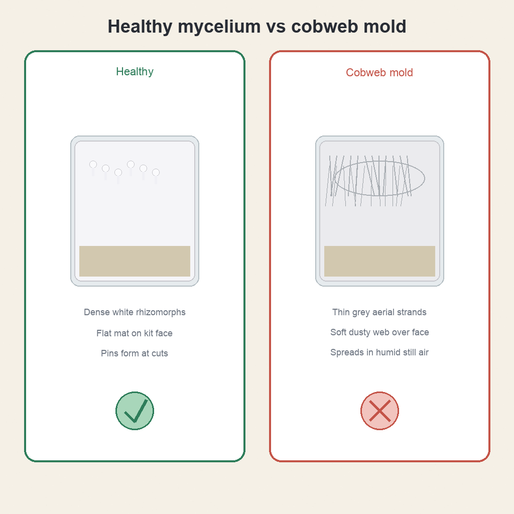 Cobweb mold versus healthy mycelium comparison diagram