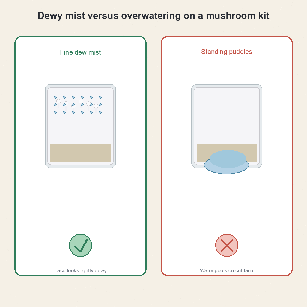 Dewy mist versus overwatering on a mushroom kit
