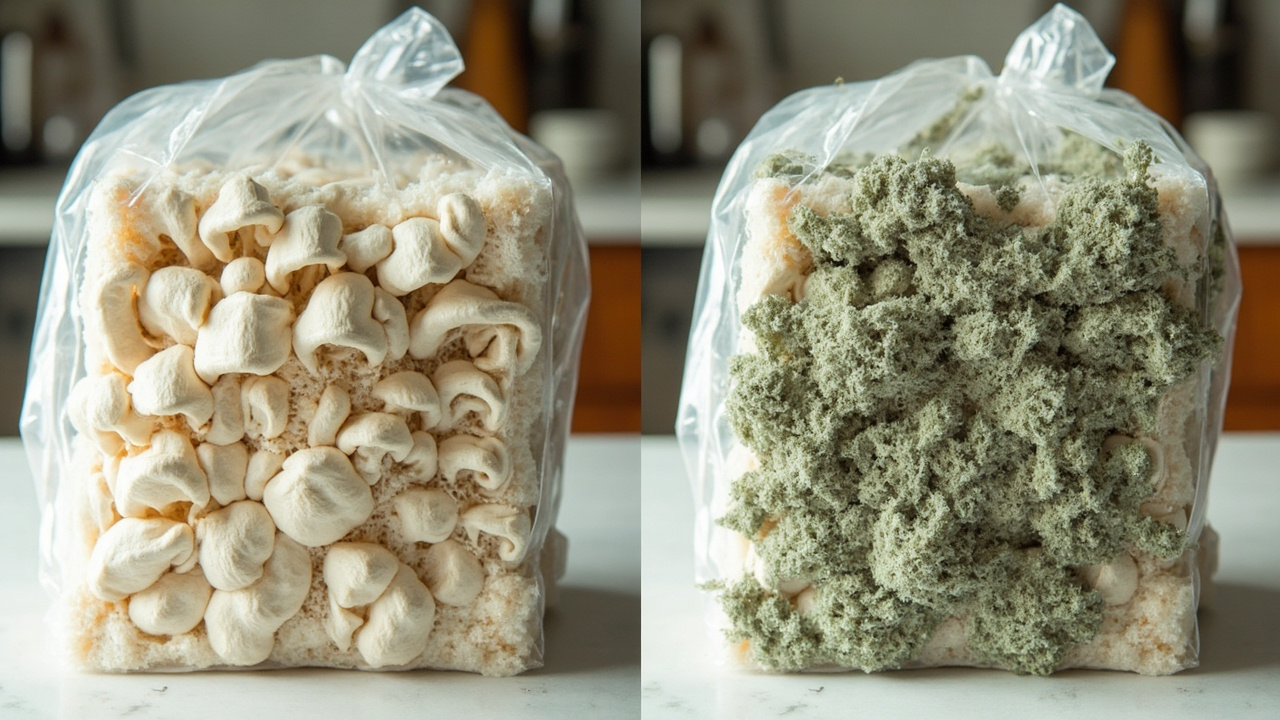 Side-by-side comparison of a healthy colonized gourmet kit block on the left and the same kit with green contamination spreading on the right, labeled to highlight the visible differences in color, texture, and pattern.