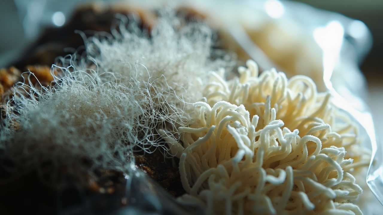 Top-down view of a gourmet mushroom kit showing wispy gray-white strands crossing the open air above the substrate, labeled to distinguish cobweb mold from healthy mycelium anchored to the block.