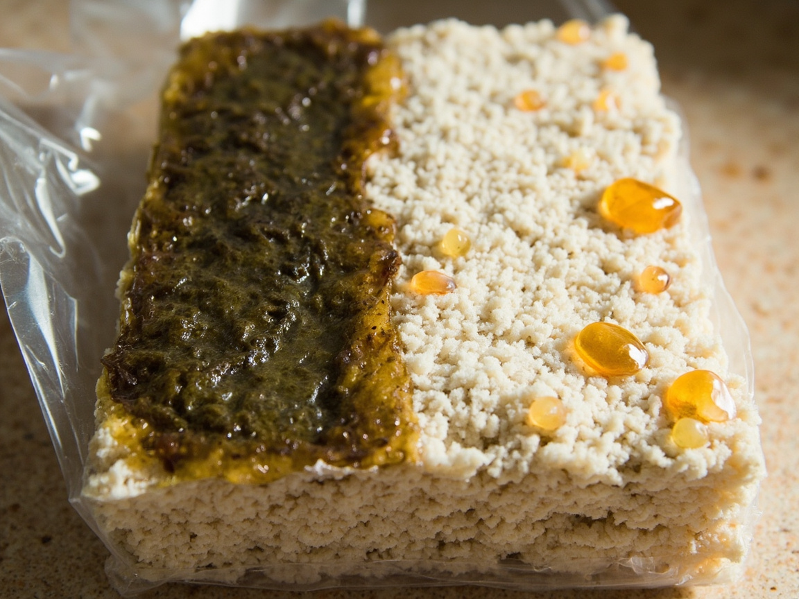 Comparison of a normal colonized substrate on the left and a darker, wetter substrate on the right showing early signs of bacterial contamination, with annotations pointing out the color shift and moisture pooling.