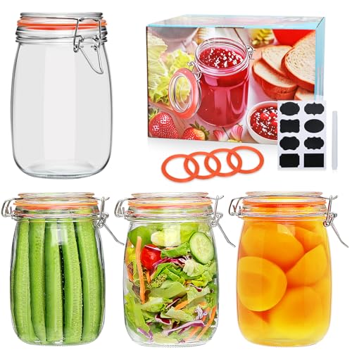 Encheng 32 oz Wide Mouth Mason Jars with Airtight Hinged Lids, Large Glass Jar