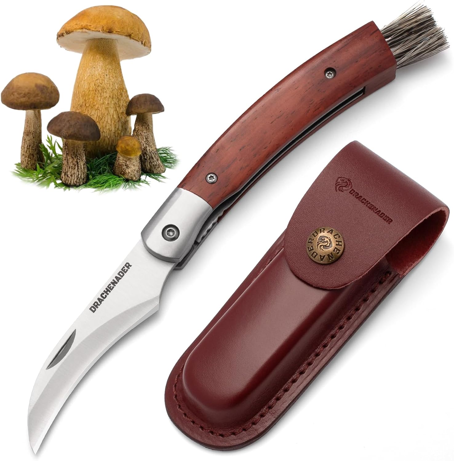 DRACHENADER Mushroom Knife N-1 — Folding 8.15\" with Brush and Leather Sheath