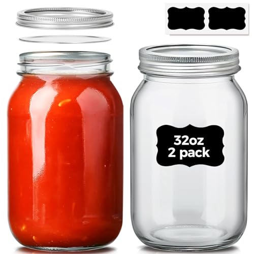ComSaf 32 oz Wide Mouth Mason Jars 2 Pack with Airtight Lids