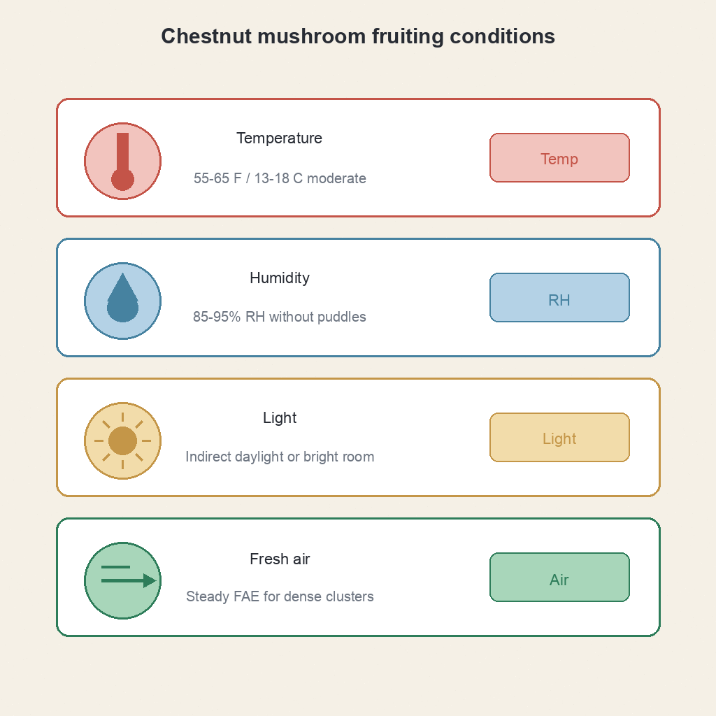 Chestnut mushroom fruiting conditions graphic