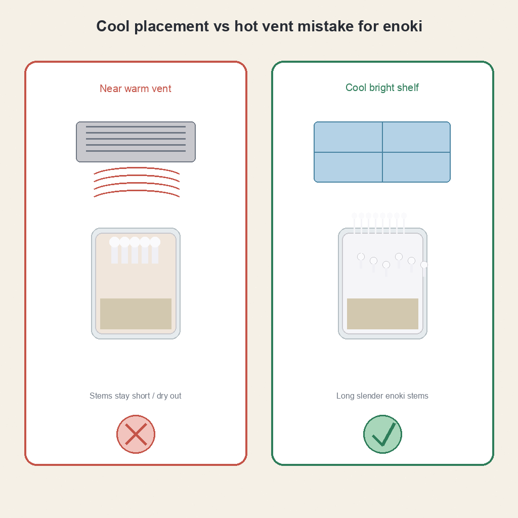 Cool placement versus hot vent mistake for enoki