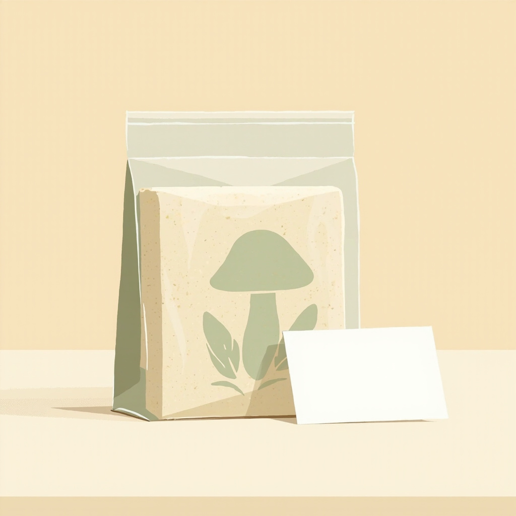 A sealed king oyster mushroom grow kit sitting on a kitchen counter next to its printed instruction card