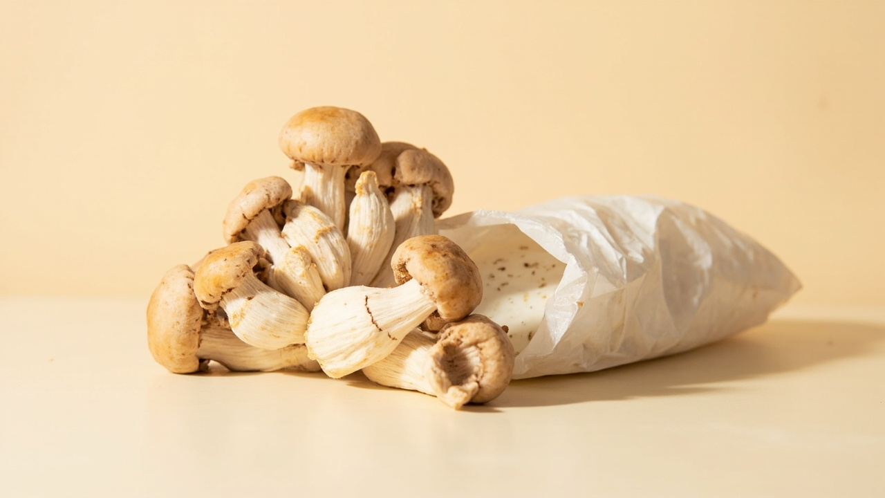 Hand twist-harvesting a mature king oyster cluster from a kit block, stem base cleanly detached