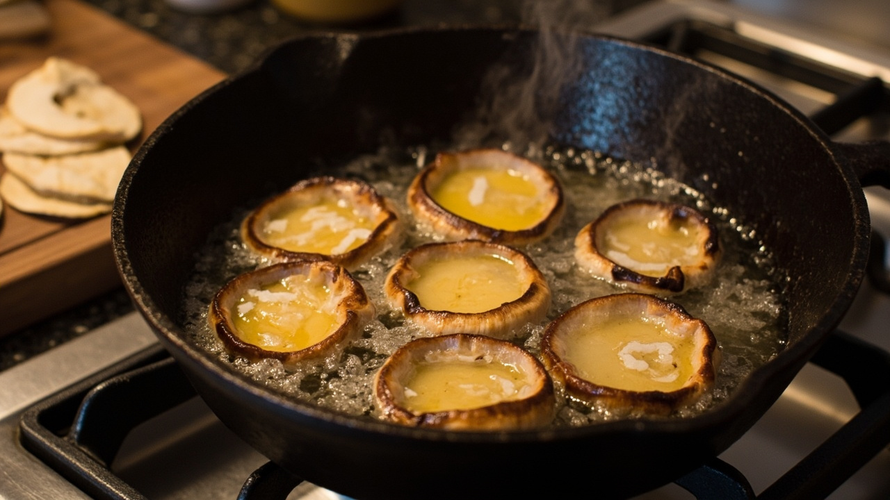 King oyster stem rounds searing in a cast iron skillet with butter, browning on edges like sea scallops