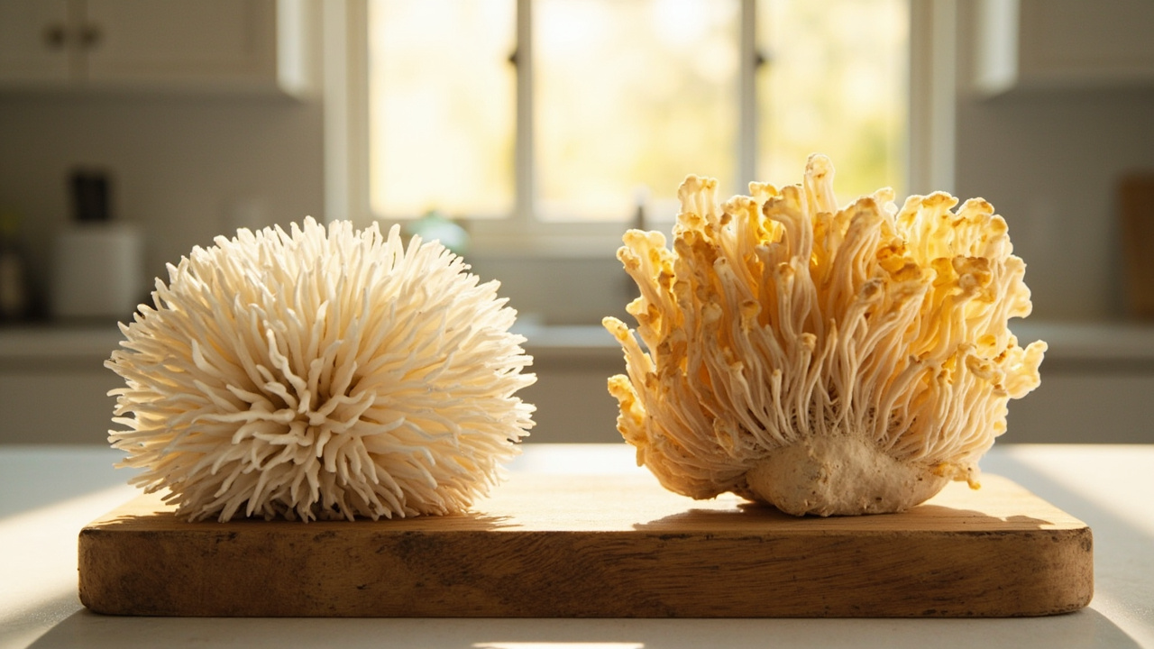 Prime white lion's mane with short teeth next to an overripe yellowing fruit body