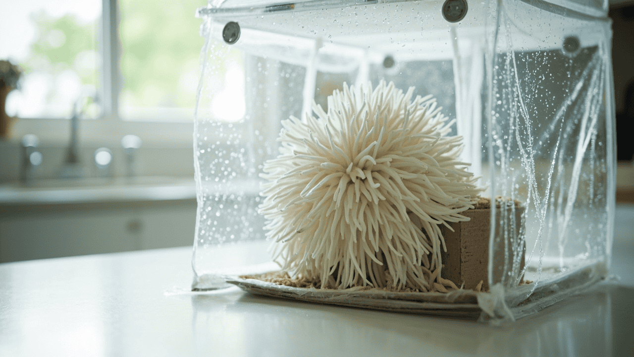 Vented clear humidity tent around a lion's mane kit with light condensation