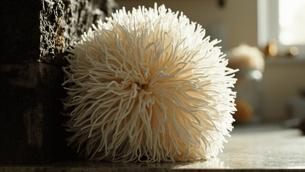 Mature white lion's mane cluster with clearly formed hanging spines