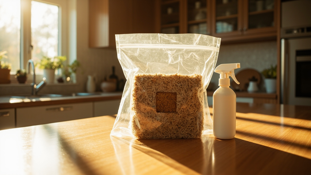 A lion's mane grow kit block in its bag with a fresh face cut on a kitchen counter, day one