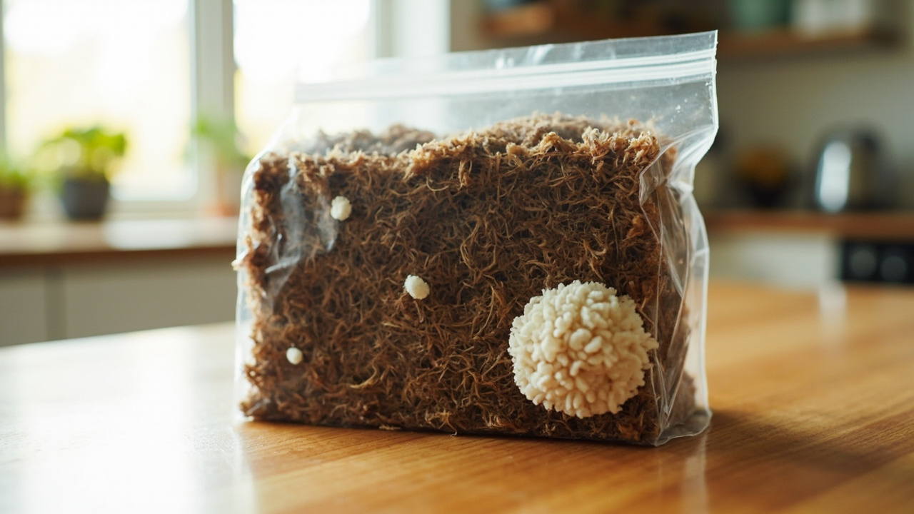 Lion's mane pins forming and a young pom-pom with short teeth, days 10 to 14 of a grow kit