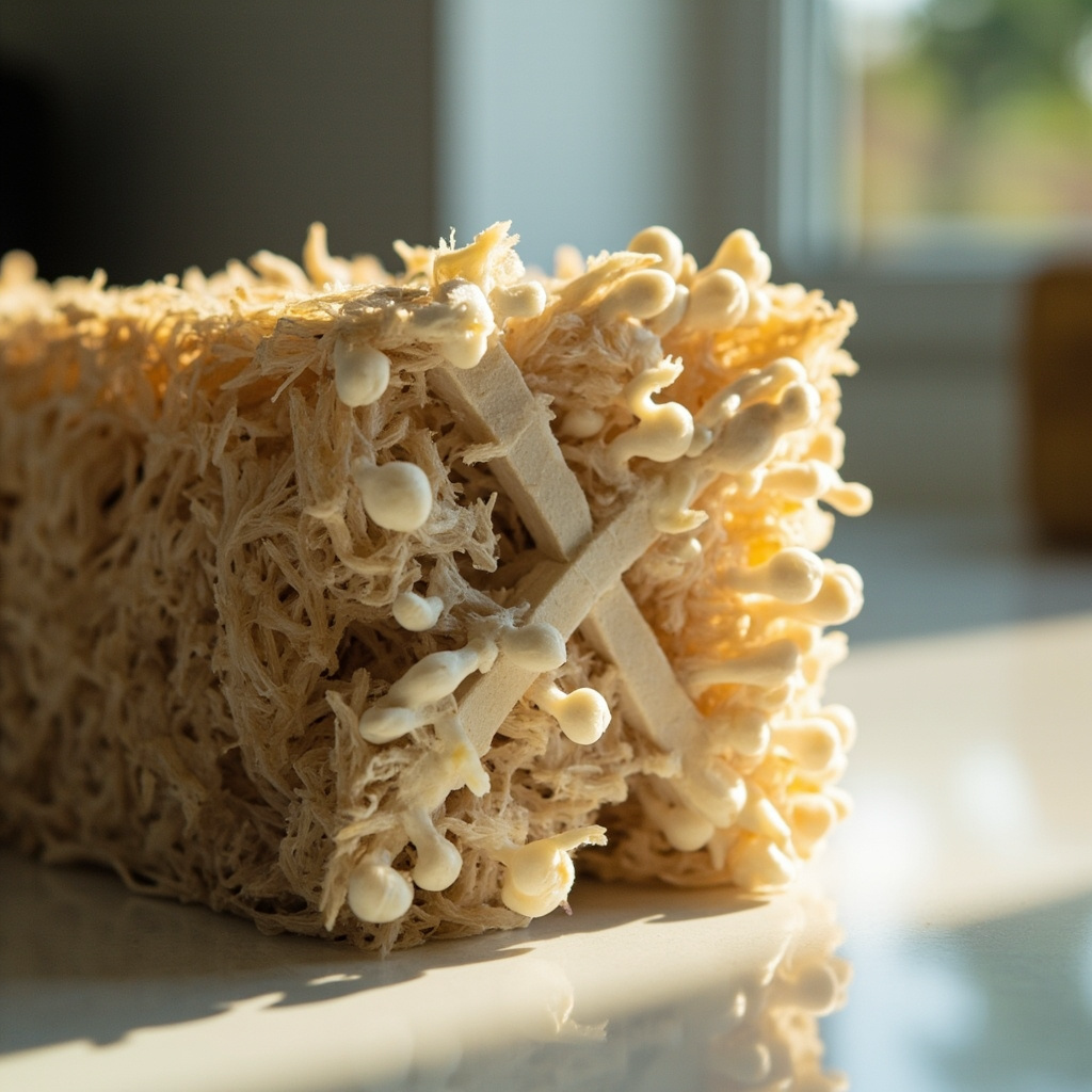 Sawdust block with an X-cut and small pins emerging around the cut on a kitchen counter