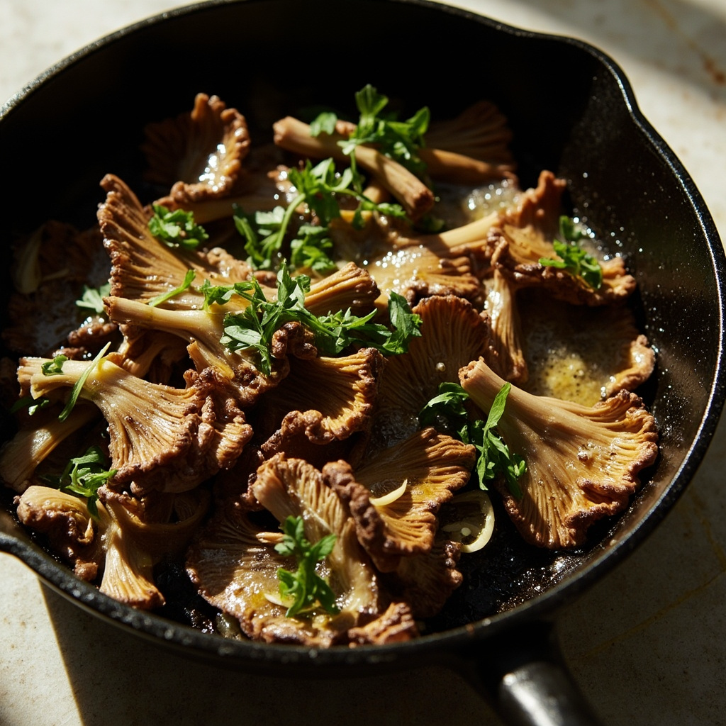 Sautéed maitake fronds in a cast iron skillet with butter, garlic, and parsley