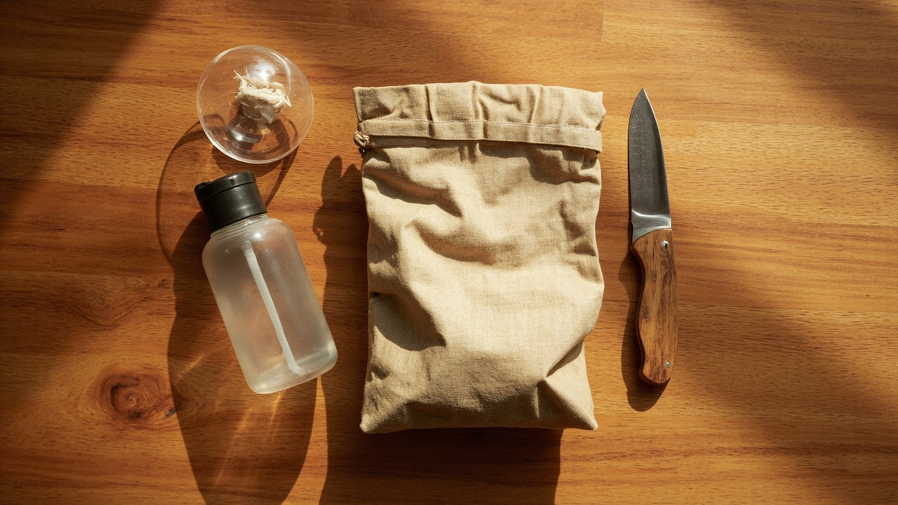 Maitake grow supplies: 5 lb grow bag, fine-mist spray bottle, humidity dome, folding mushroom knife laid out on a counter
