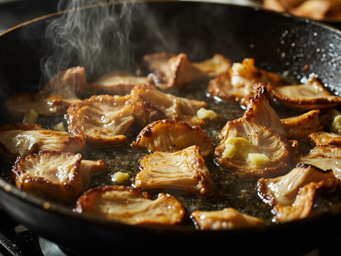 Grey oyster mushrooms sautéing in a skillet on a home kitchen stove