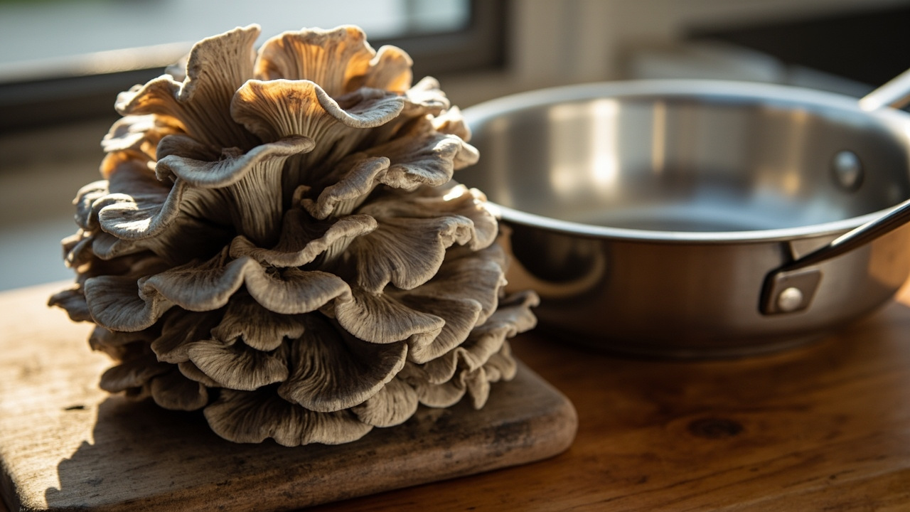 Grey oyster mushroom clusters on a kitchen cutting board next to a pan, ready to cook
