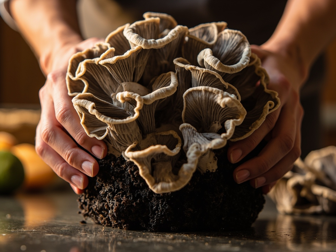Freshly harvested cluster of grey oyster mushrooms held above <em>over</em> a kitchen cutting board