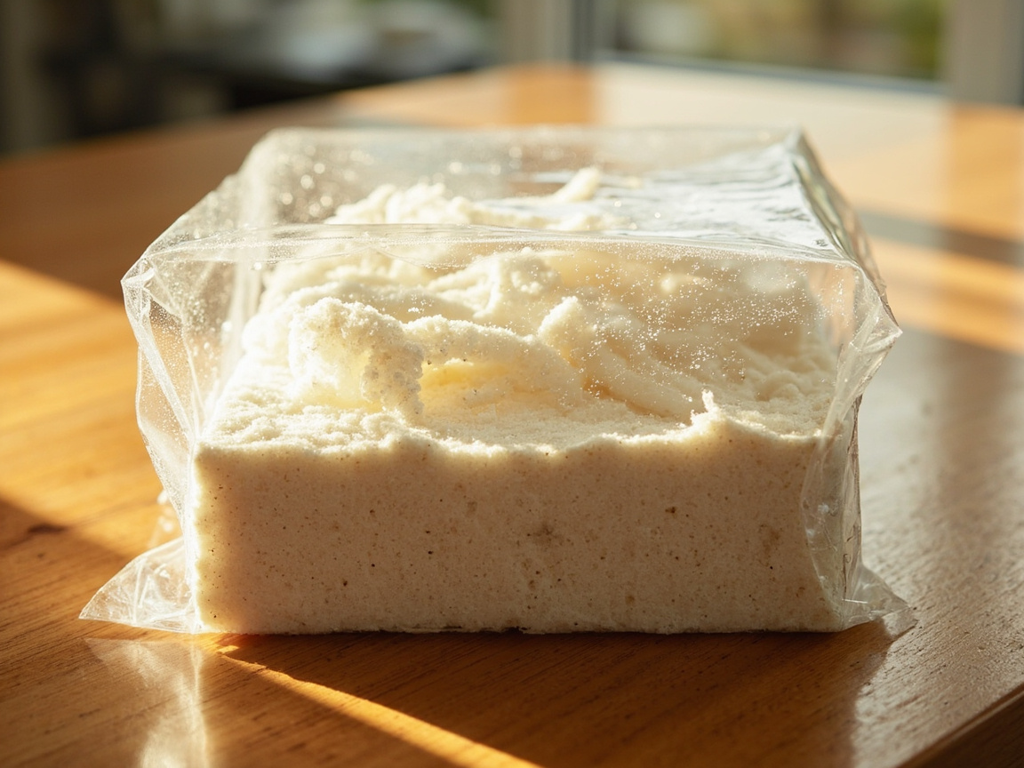 A 4 lb oyster mushroom grow kit sitting on a kitchen counter next to its included spray mister