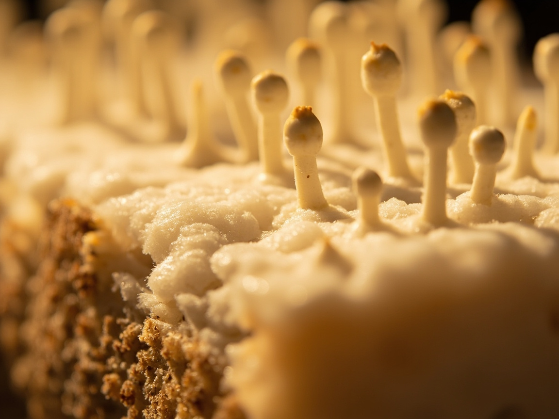 Small white oyster mushroom pins emerging from a cut opening on a grow bag