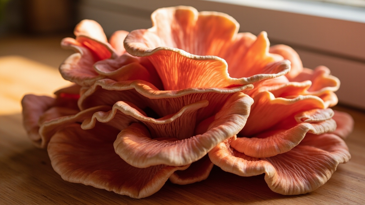 Cluster of vivid salmon-pink oyster mushroom caps fruiting in layers from a kitchen-counter grow block