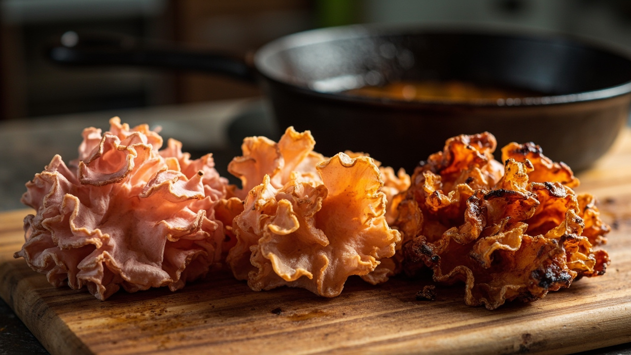 Pink oyster color shift when cooked: vivid pink raw, orange-pink partially cooked, golden-orange seared
