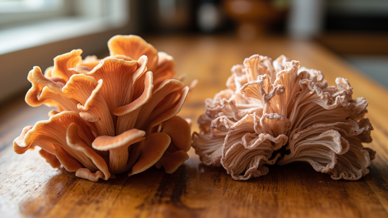 Pink oyster harvest window: left shows ideal flat vivid caps, right shows over-mature upward-curling faded caps