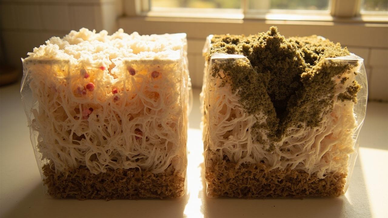 Healthy white mycelium on a pink oyster block versus green mold contamination on a second block