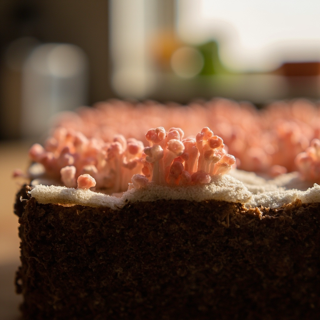 Pink oyster pins forming at the cut edge of a grow block — small coral-pink beads in clusters