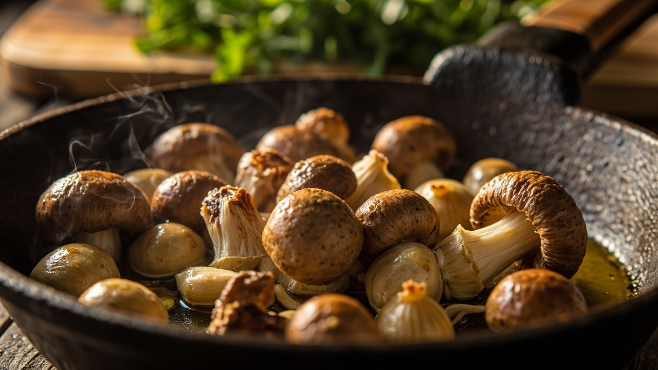 Fresh pioppino caps browning in a dry cast-iron skillet with garlic and olive oil