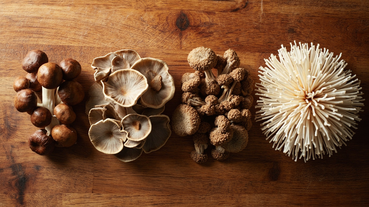 Four mushroom species side by side on a cutting board: pioppino, oyster, shiitake, and lion's mane