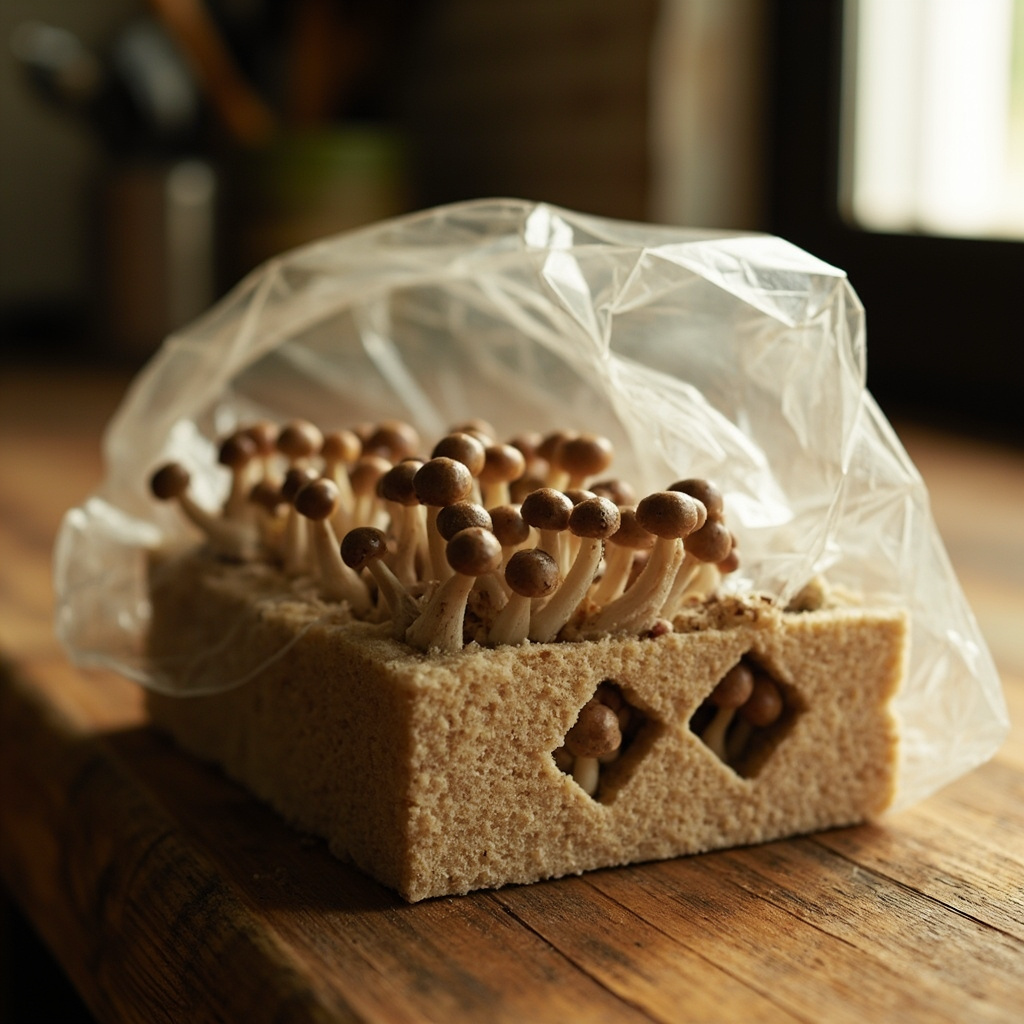 A cluster of mature pioppino mushrooms growing from a substrate block on a kitchen counter ready for harvest